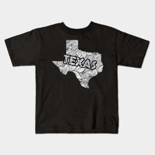 Mandala art map of Texas with text in white Kids T-Shirt